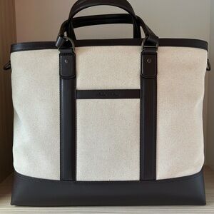 Brooks Brothers Cream Twill and Brown Leather Tote Bag